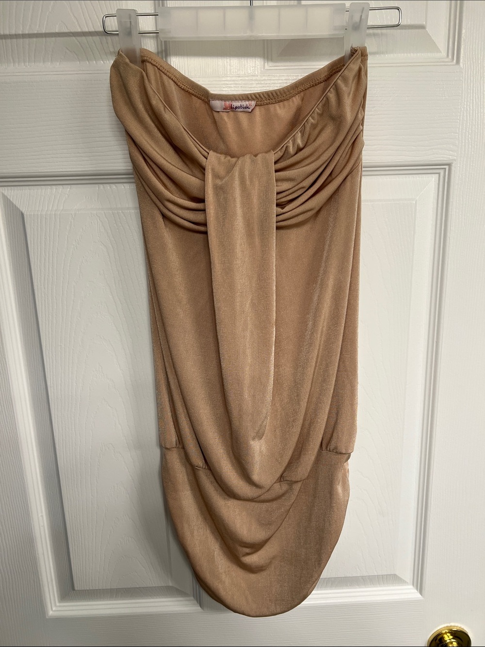 Lipstick Strapless Drape Top in Shiny Beige